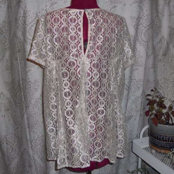 Anthro Akemi + Kin XL Scoop Neck S/S Top Ivory Metallic Popover - Picture 5 of 7